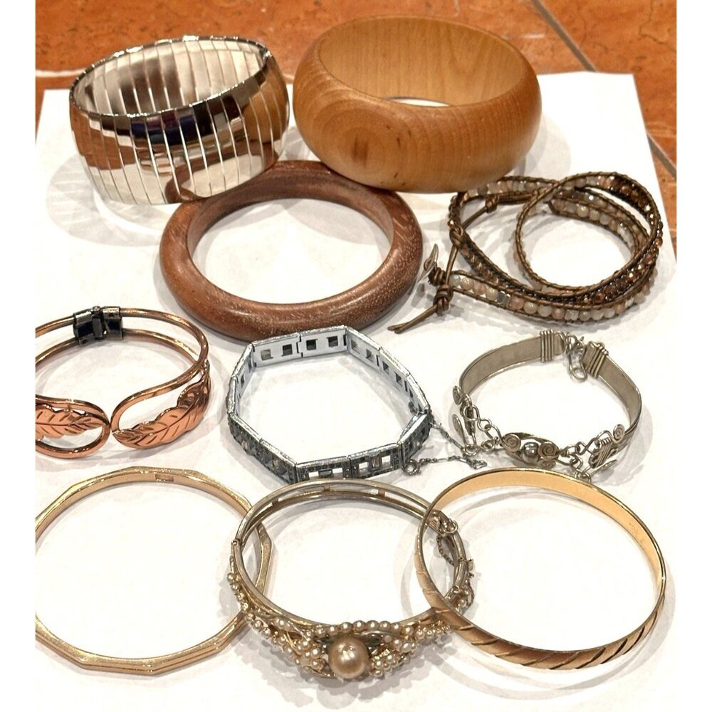 MONET TRIFARI GOLD BANGLE NAKAMOL BEAD PEARL WOOD SWEDEN ART DECO BRACELETS LOT